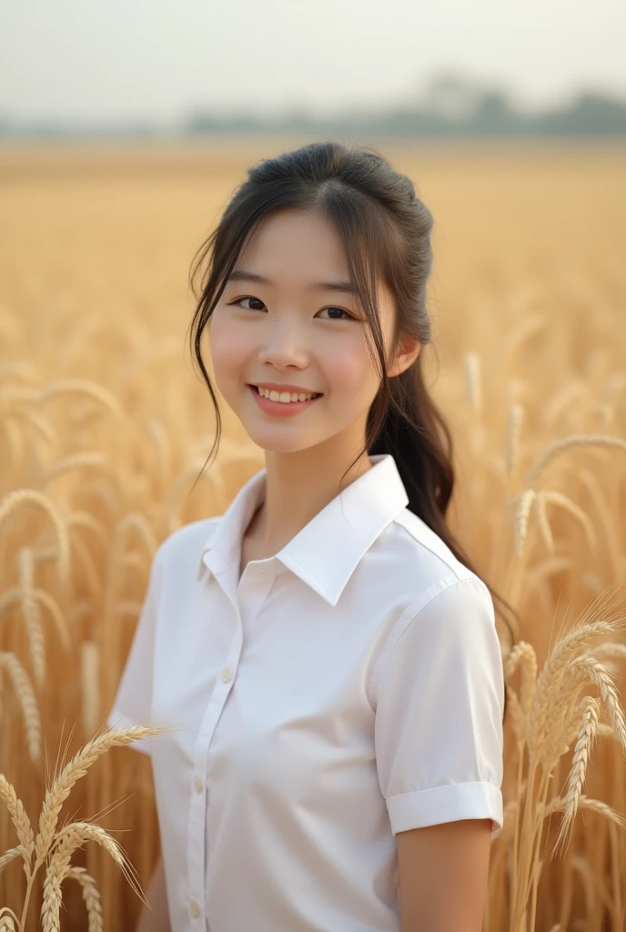 Chinese high school students,A girl,Wearing a white school uniform top,Wheat Field,Reality,Realistic Photography