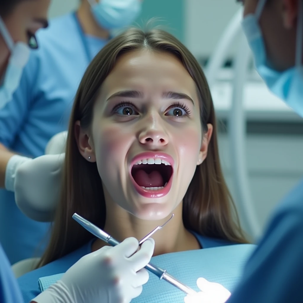 a young lady ,getting dental implants(mouth open),in a hospital