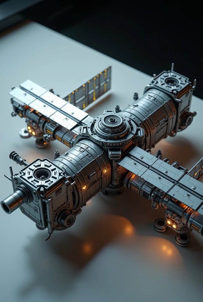 a highly detailed and realistic 3d render of the international space station, on a light cream colored table, top down view, ultra detailed, 8k, photorealistic, dramatic lighting, intricate engineering, space exploration, steel, glass, complex structure, futuristic, studio lighting, cinematic, dark shadows, glowing panels