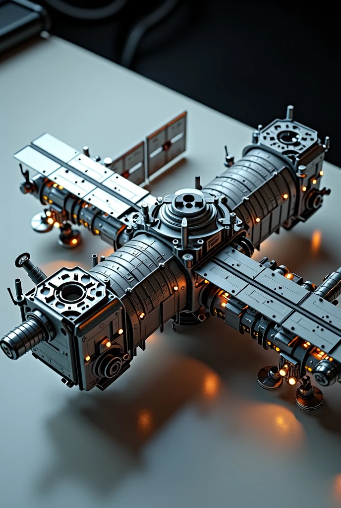 a highly detailed and realistic 3d render of the international space station, on a light cream colored table, top down view, ultra detailed, 8k, photorealistic, dramatic lighting, intricate engineering, space exploration, steel, glass, complex structure, futuristic, studio lighting, cinematic, dark shadows, glowing panels