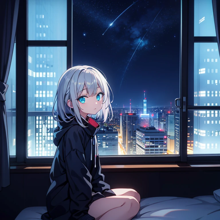 (masterpiece), best quality, turquoise eyes, light gray hair, expressive eyes, Hello, Sitting in a high-rise apartment room, night sky, cityscape, looking at viewer, city lights, window, highlight, dramatic lighting, Calm face,