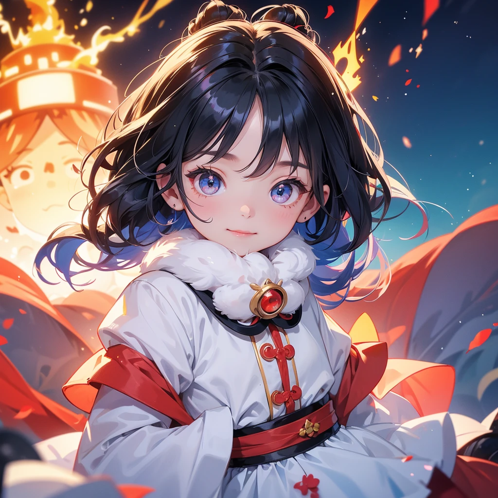 A chibi child girl had a small face and Wearing white little Taoist priest's outfit. A pair of big round eyes shone with curiosity about him. This child was so cute, Background is a volcano, lava erupting red, with low floating blue clouds all over the area
her hair is black with two buns on her hair.small chibi, chibi baby, smiling ,Chibi.