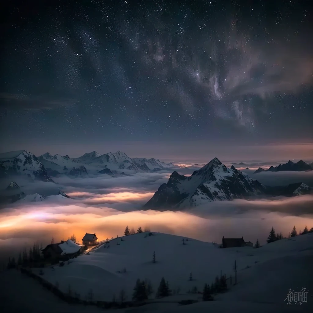 Night Sky,There are stars above the clouds,There is also a small house, fog and starry skies, 雾蒙蒙的Night Sky, author:Karl Stauffer-Bern, Extremely beautiful and ethereal, Amazing Stars, Night scenery, Mysterious environment, 美丽的Night Sky, Dream Night, Epic and stunning atmosphere, Breathtaking, Gorgeous atmosphere, Foggy Night, Night natural landscape, mystical night, Dreamlike scene