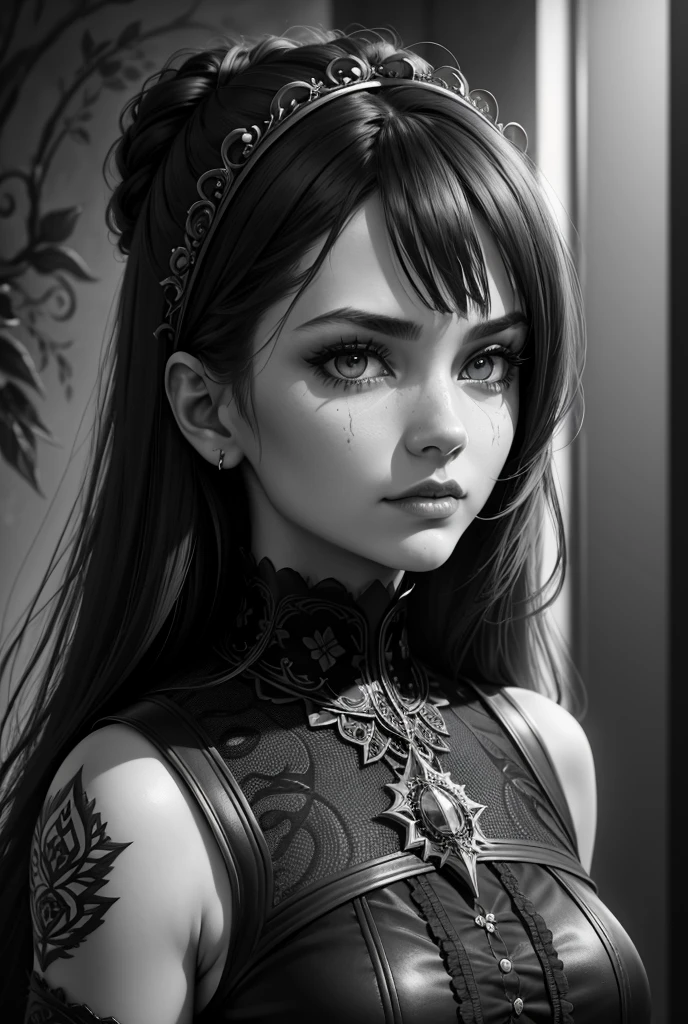 photorealistic gothic female portrait, high detail black line art, adult coloring book, female character with attitude, intricate detailed nature scene, black and white linework, no color or shading, best quality, 4k, 8k, highres, masterpiece:1.2, ultra-detailed, realistic, photorealistic, photo-realistic:1.37, HDR, UHD, studio lighting, ultra-fine painting, sharp focus, physically-based rendering, extreme detail description, professional, vivid colors, bokeh