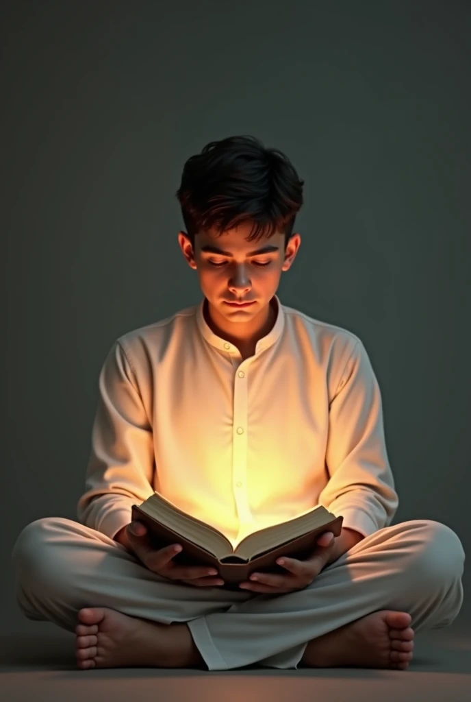 A young Muslim man sitting with an open Quran in front of him, reciting Surah Al-Kahf. A soft glow surrounds him, symbolizing the light between two Fridays, as mentioned in the hadith. The ambiance is peaceful and serene.