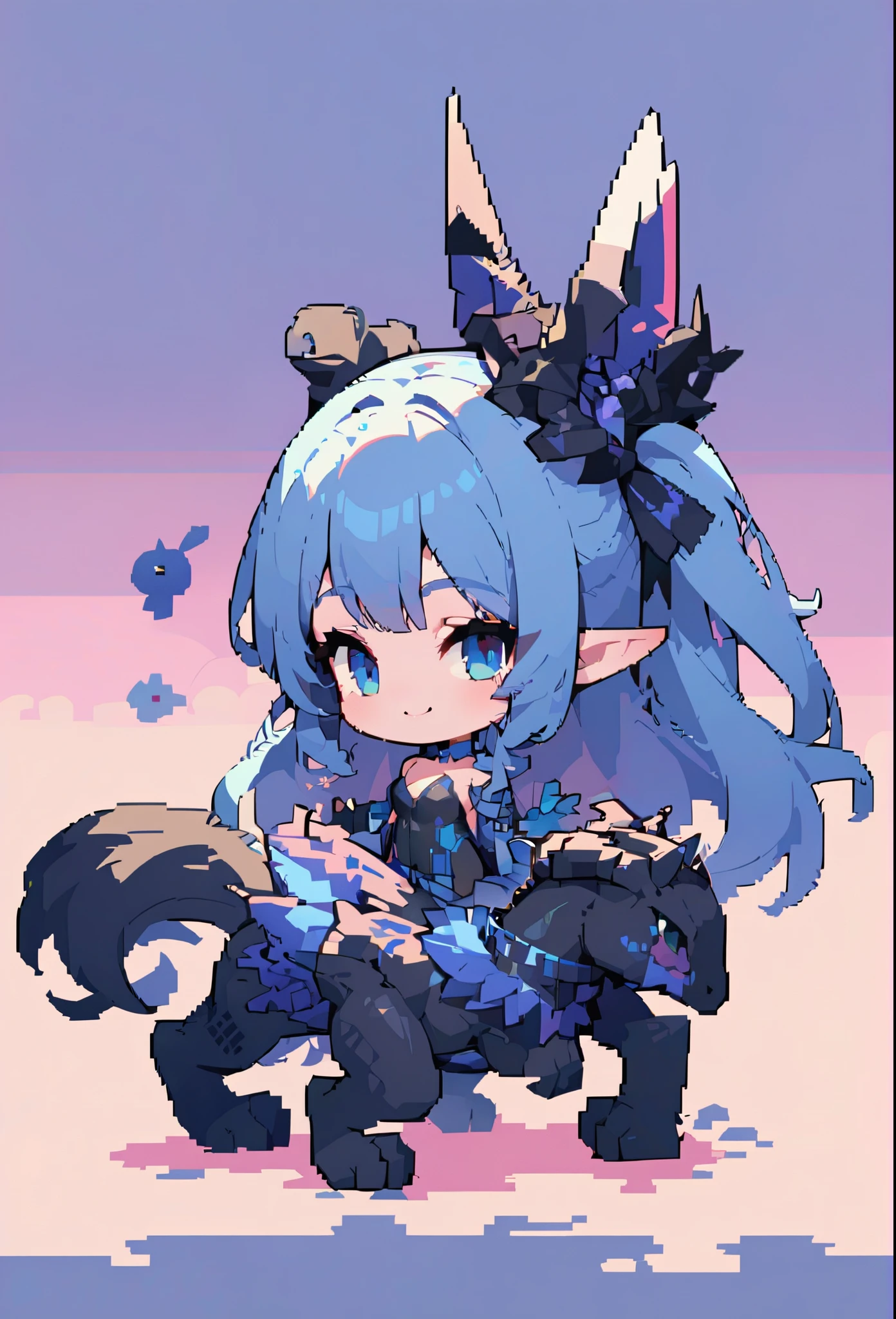 solo, masterpiece, Highest quality, 8k, Pixel art, Pixel art, Vivid, woman, 若いwoman, smile, cute, Long Hair, Blue Hair, Black Blue Warrior, Pointy Ears, Long pointed ears, Simple Background, Black Bunny, Black Bunny, blue eyes, No background, Hide the neck