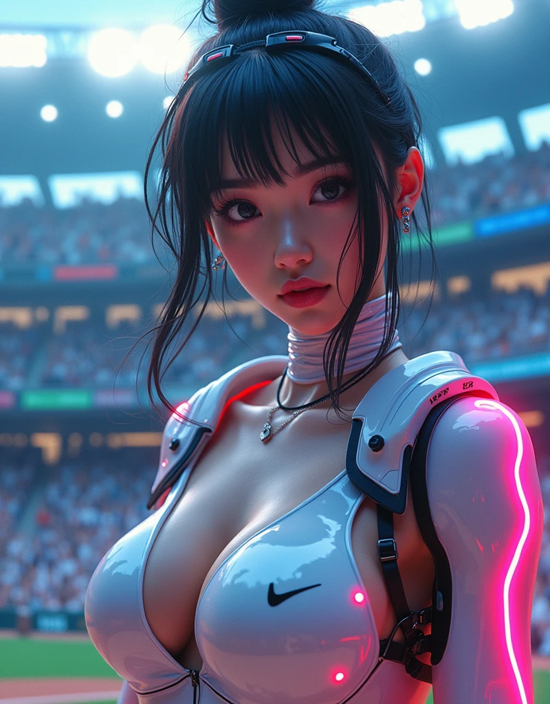 photo-realistic, ultra-realistic, very beautiful Japanese, famous Japanese idol, 20 years old, dramatic scene, masterpiece, beautiful eyes, cyber punk, (closeup to her beautiful face:1.3), (wearing cyber punk mecha-suits with neon marker:1.5), (she is playing extremely acrobatic baseball at large stadium:1.5), (fully equipped with futuristic baseball equipment:1.3), amazing view of a lot of spectators, acrobatic pose, dynamic angle, spectacular, Nimble movements, Sharp turns, (very large breasts),