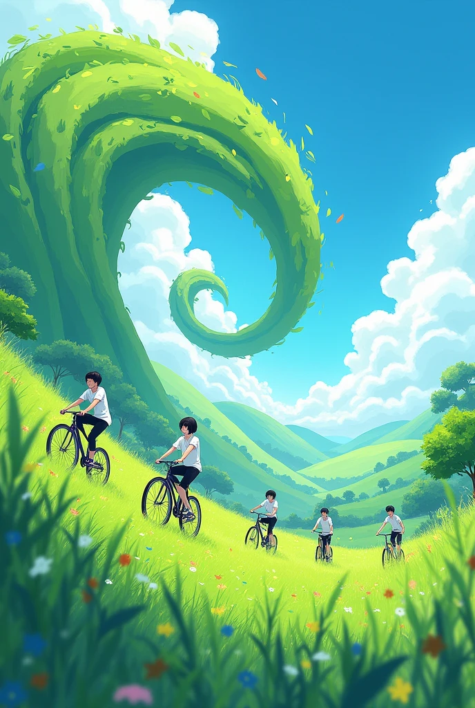 Under the clear sky, a group of young people wearing white shirts and black pants were riding bicycles on the green grassland. The hills in the distance are covered with light blue-green plants. Swirls of green leaves and clouds represent the power of wind on nature in anime style illustration. Vibrant green captures the energy. Bringing the whimsical elements of a forest tornado to life in a cartoon style, fish eye composition, green and blue Möbius strips, healing illustration, 8k, ultra-detailed