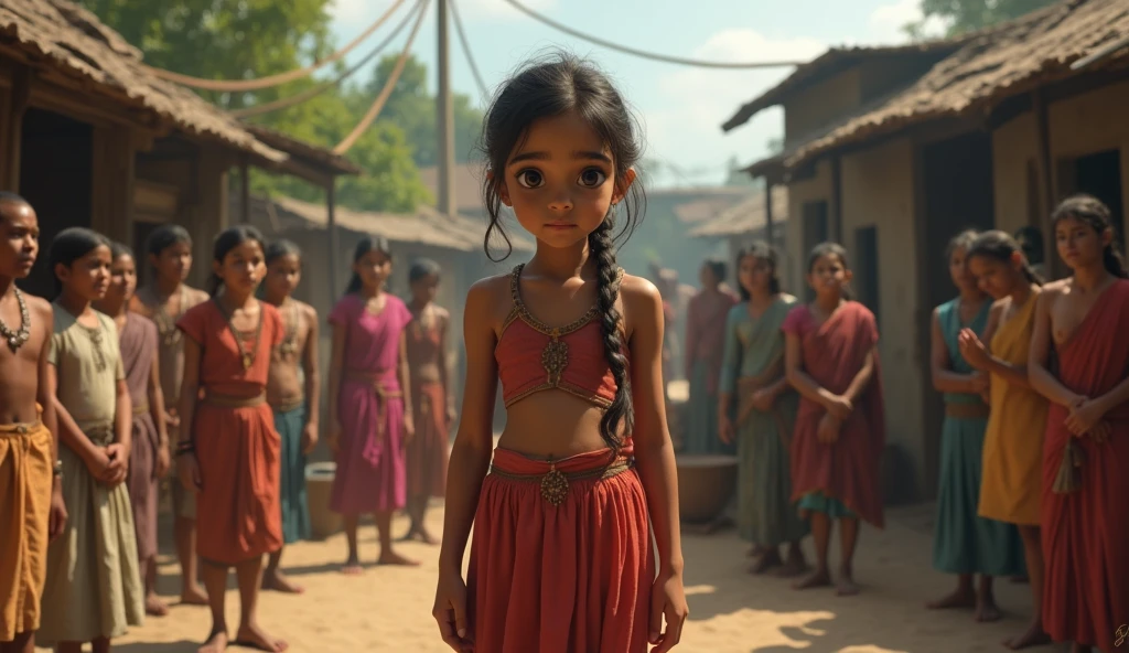 "A young girl Neha, with a determined look on her face, standing in a small village square. Villagers around her are whispering and looking fearful, but Neha looks resolute and curious."