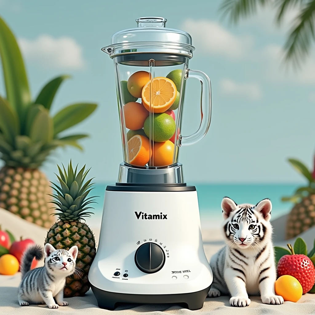 "Vibrant, Sunny beach scene、Featuring fashionable and trendy juicers, Blender, Slim, Vertical Vitamix Blender. Images are realistically rendered in 8K high resolution. The beach is littered with a variety of colorful fruits. Mini Characters, Including White Tiger Cub, kitten, And two baby squirrels, Playfully placed on the sand, Away from Vitamix. The overall atmosphere is vibrant.、It captures the essence of a bright summer day., The stylish Vitamix mixer stands out as a central element."