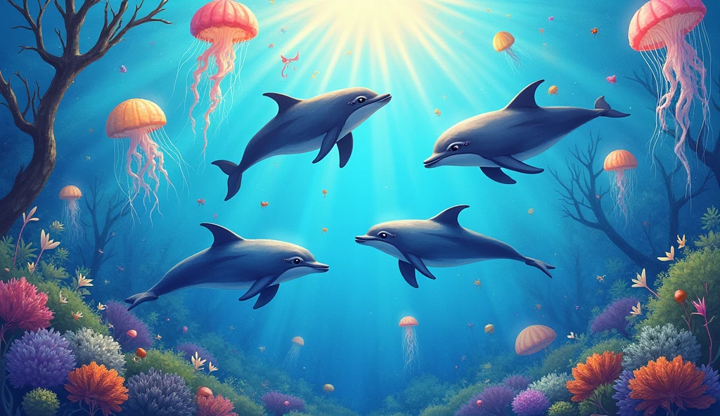 Painting of dolphins swimming in colorful ocean, Look up at the composition, Jellyfish and whales in the sky, inspired by Cyril Rolando, A beautiful artwork illustration, author:Shitao, colorful concept art, Cyrillo Rolando, in the style of Cyril Rolando, flying whale, highly detailed water colour 8k, highly detailed water colour 8 k,octane,the end,Realistic,8k,style of makoto shinkai( reasonable design, Clear lines, High- sharpness,Best quality, Very detailed, Master parts, movie light effect, 4K )