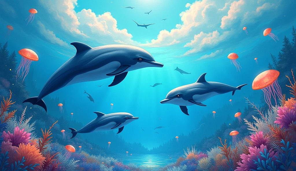 Painting of dolphins swimming in colorful ocean, Look up at the composition, Jellyfish and whales in the sky, inspired by Cyril Rolando, A beautiful artwork illustration, author：Shitao, colorful concept art, Cyrillo Rolando, in the style of Cyril Rolando, flying whale, highly detailed water colour 8k, highly detailed water colour 8 k，octane，the end，Realistic，8k，style of makoto shinkai( reasonable design, Clear lines, High- sharpness,Best quality, Very detailed, Master parts, movie light effect, 4K )
