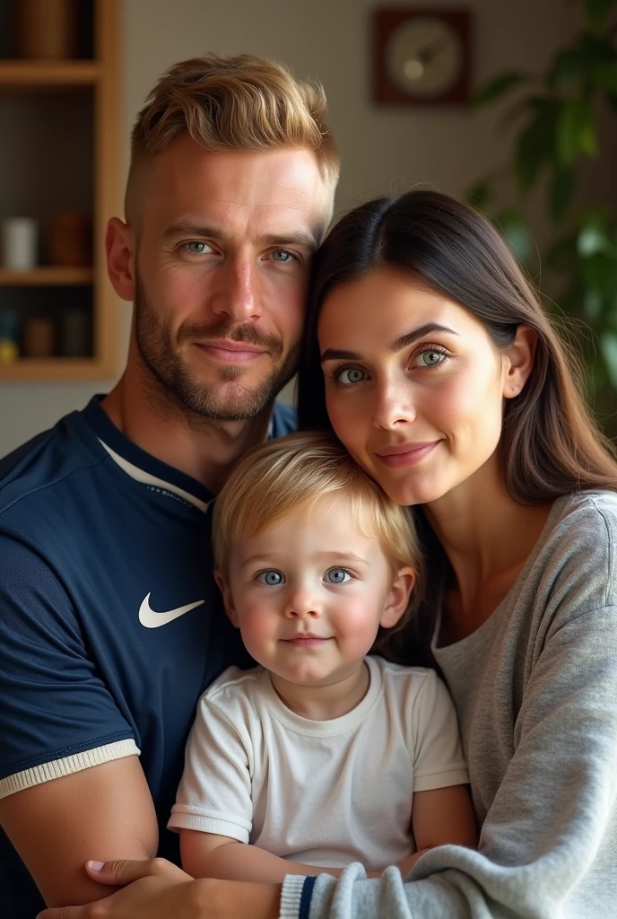 A family picture with a 30 year old blond man with a shaved beard and a shaved moustache, aux yeux bleus portant un maillot du psg. Il est avec une femme brune aux yeux marrons en amande, fairly round face. And a blond with blue eyes.