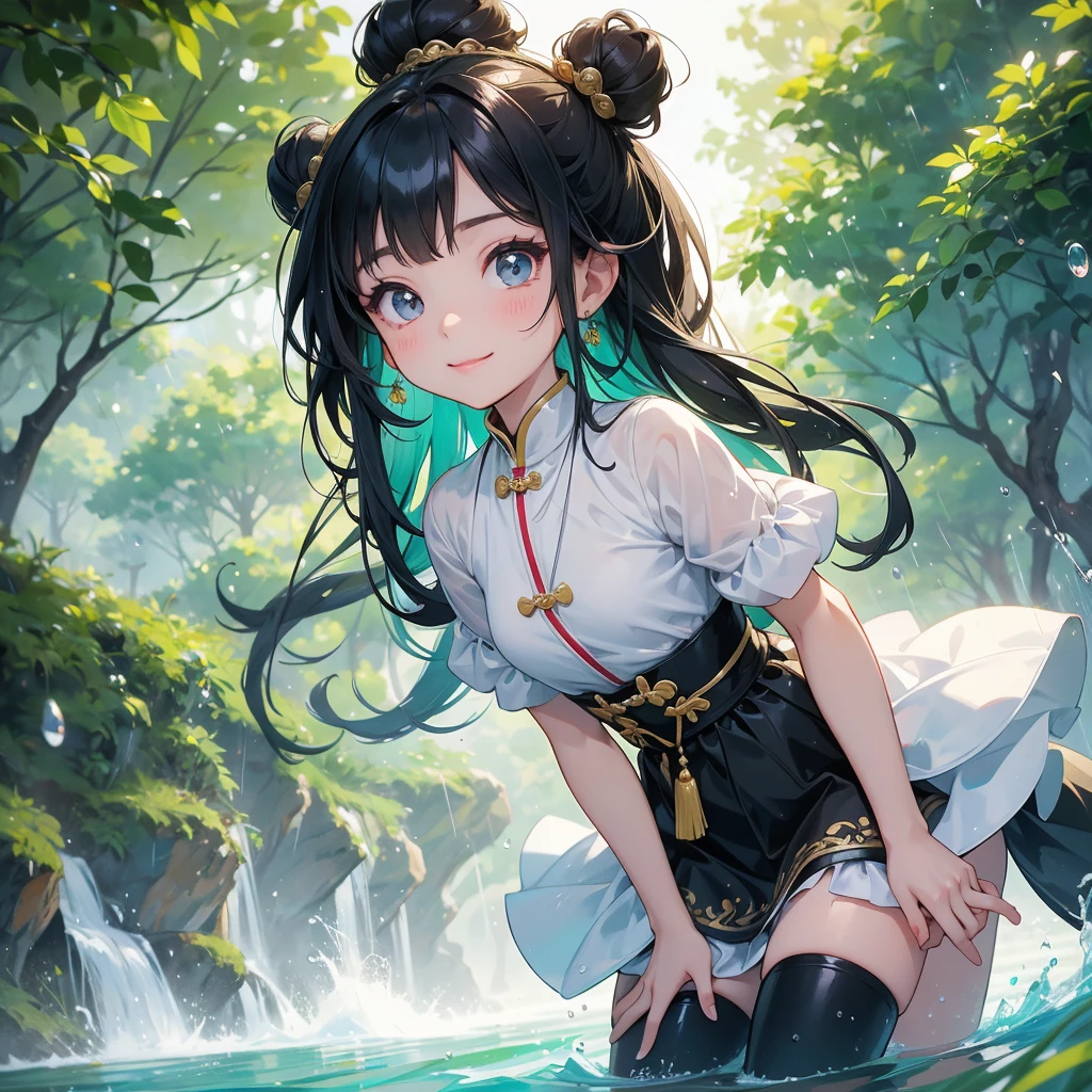 A chibi child girl had a small face and Wearing white little Taoist priest's outfit. A pair of big round eyes shone with curiosity about him. This child was so cute, Background is trees, vegetables, lush green, with water drops after rain, with water droplets everywhere, green
her hair is black with two buns on her hair.small chibi, chibi baby, smiling ,Chibi.