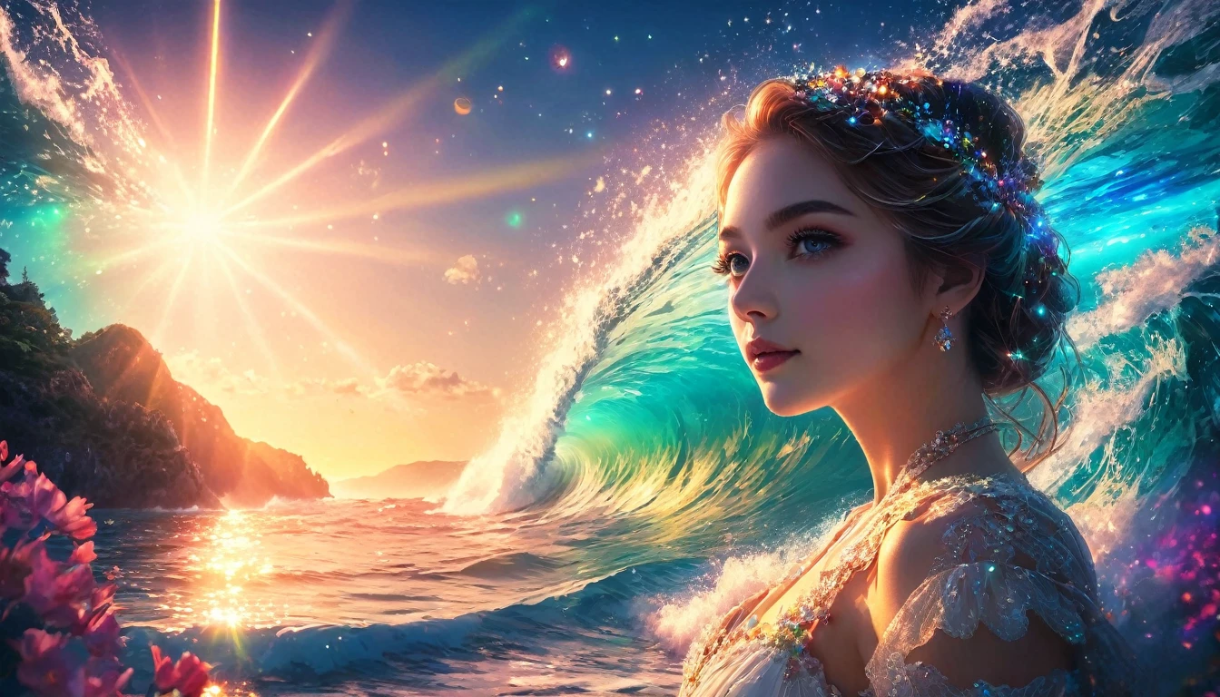 Portrait Photography、{{masterpiece}}, Highest quality, Highly detailed Unity 8k wallpaper, Cinema Lighting, Lens flare, Beautifully detailed room, Suite room with ocean view, colorful light, particle, Heterochromia iridis, (colorful:1.5),