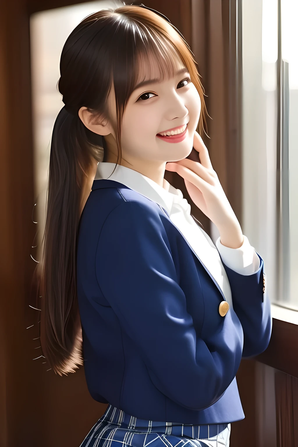 (highest quality, masterpiece, high resolution:1.2), 4K, (Photo quality well detailed white white white face: 1.2), geometry, (13 yo cute girly Japanese sensitive weak girl with very detailed graceful cute smiling face is turning to me and looking at me: 1.5), Laughing cutely, (Japanese school girly navy-colored blazer uniform: 1.4), (blue dark blue blue expensive pleated checkered school skirt inside the blazer: 1.6), (big sharp breast: 1.3), (Dark red glossy school ribbon on the breast: 1.0), (Extremely laughing cheeks: 1.0), (Beautiful pretty large laughing cute cute cute childish childish laughing cutely laughing eyes with detailed and balanced well: 1.4), (Double eyelids: 1.0), (Long bottom eyelashes: 1.2), (Glossy very wet lips: 1.0), (Super-straight hair, extremely very long hair which reaches her waist: 1.3), (The white light shines over her face and entire body.: 1.0)