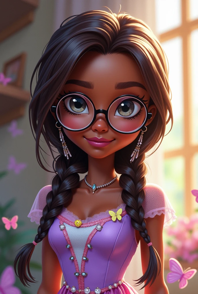 Imagem da filha da Cerise Hood e da Cedar Wood de Ever After High: One with dark skin, gray eyes, brown hair with white streak with low pigtail braids, round glasses, light purple dress, pink and white on top and yellow and blue on the bottom, butterfly elements on clothes