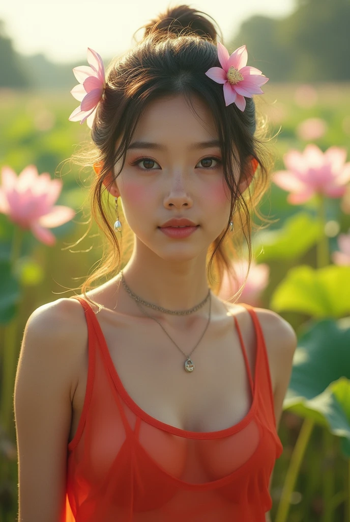 Portrait of lovely woman in bright windy field, Lotus leaf background，watercourse, Chicken lotus root stalk，lotus Leaf，lotus，(Backlight),detail， Practical,Upper Body，best quality, detail，Serious, In the shadows, bloom, [[Chromatic Aberration]，Natural skin texture，Red，Wearing lilies on the head，Tie your hair up，Clive Archie，Medium breasts，Areola，Upturned nipples，earrings，necklace，Smile，transparent，Transparent red sports T-shirt，The shoulder strap is broken