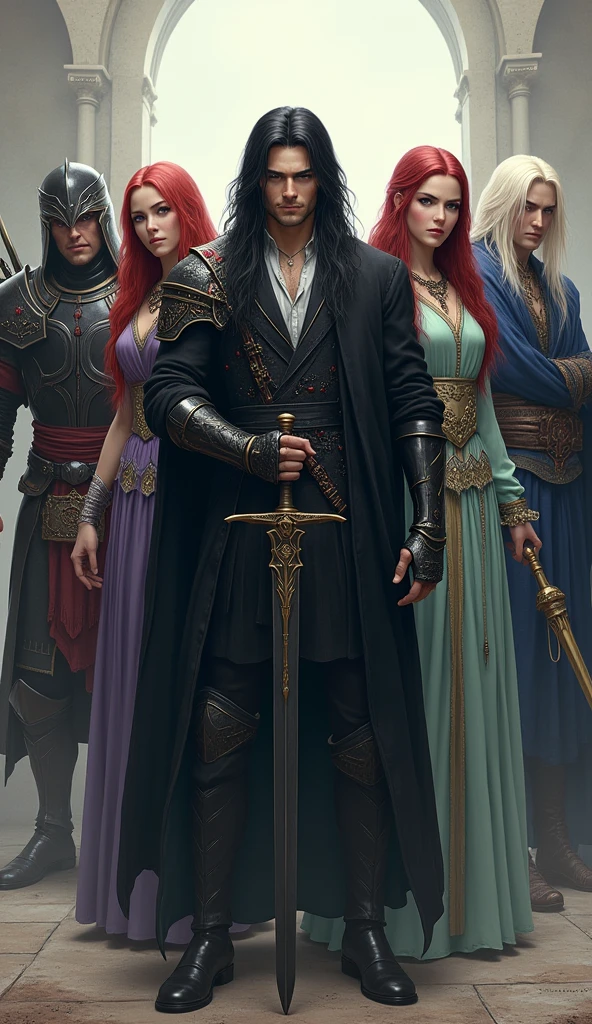 "Create a hyper-realistic, photorealistic depiction of five characters standing in a horizontal line.
Center: Vortex - Male warrior with long black hair, wearing a black coat over a white shirt, holding a dark sword with a subtle aura.
Left of Vortex: Valis - Male knight with long black hair, wearing black Gothic-style armor with blood-red jewels, carrying a greatsword on his shoulder.
Far Left: Seraphina - Female with long red hair and green eyes, wearing a light green robe with magical embroidery, holding a magical staff.
Right of Vortex: Raven - Male dark elf with long white hair, wearing purple leather armor, holding a bow with an arrow nocked.
Far Right: Mirage - Male magician with long platinum blonde hair, wearing blue robes, holding an ancient staff with visible magical energy."