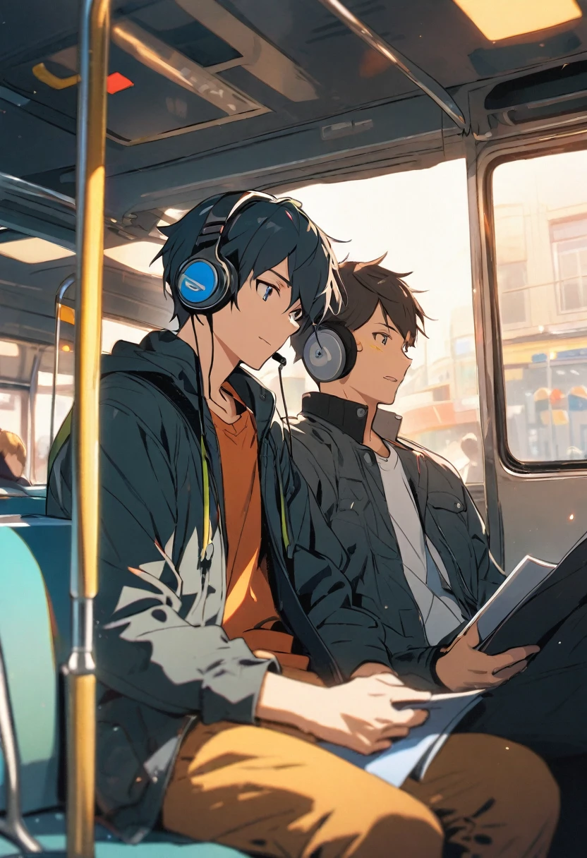 Boy wearing Bluetooth headphones sitting on the bus