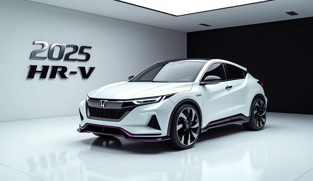 A stunning, futuristic (2025 Honda HR-V) takes center stage in a luxury white showroom. The vibrant (white) exterior gleams, drawing attention to its sleek, aerodynamic design and bold accents. The (.2025 Honda HR-V ) " is prominently displayed in large, metallic letters on the car, set against a dark wall. The ( front side) view showcases the cutting-edge innovation and technology of its time, inviting potential buyers to experience the future of automotive design and performance. This awe-inspiring image promises an unparalleled driving experience