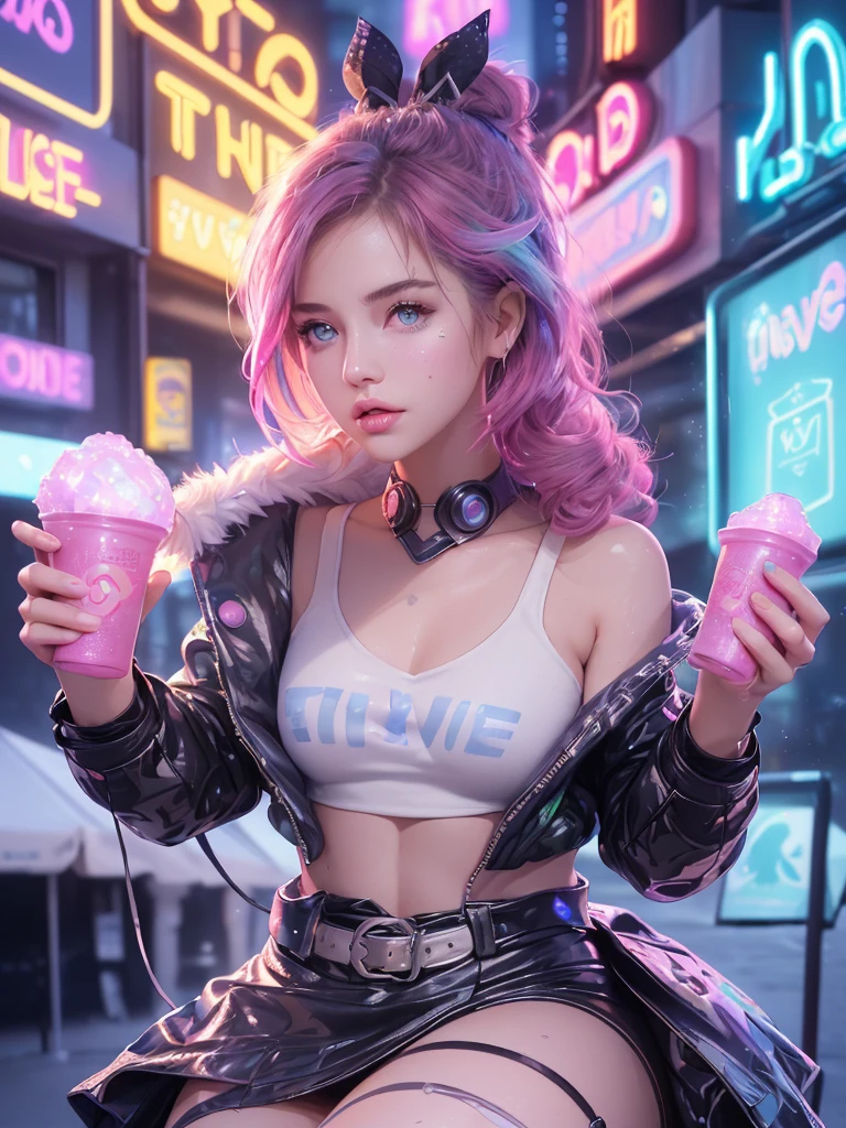 Full body lesbian, 1 slime girl, change, alone, Eye focuudes exquisite radiance, Pink lens flare, movie background, Colorful, the ultra-detailed, HighDynamicRange, Ultra-detailed eyes, mature, Plum, (supermodel:1.3), (Bioluminescence hair: 1.1), (glowing light eyes), (Cosmetic, Strong, The brilliant colors are absolutely eye-catching, dynamic angle, Beautiful details shine through, Movie Lighting,ray-traced reflection, vintagestyle, Life arcade characters, Arcade style world, mitts, jaket, Superskirt,long riding bootlack mitts, black jaket, Drill your hair, Superskirt, Head mirror, (Cute face:1.3),