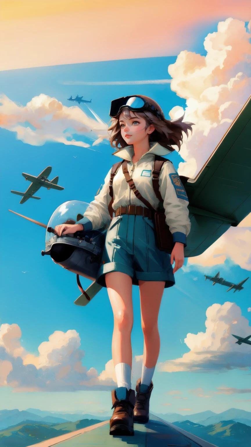 Depict a beautiful, cute girl piloting a vintage fighter plane, keeping the same energetic and adventurous expression as the original character. The background should remain true to the original, featuring the vivid sky with scattered clouds and the other planes in flight. The girl's outfit should match the aviator theme, complete with a leather helmet and goggles, seamlessly integrated into the existing dynamic aerial scene.