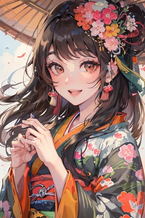 A beautiful woman smiles and shows her upper white teeth、Vividly colored Japanese Ukiyo-e style illustrations、SeaArt creates stunning illustrations of beautiful women in kimono、Brown-black long hair、Beautiful full body style、Beautiful digital illustrations,、Beautiful digital painting, Bright and vivid anime CG art, Detailed digital anime art,  Beautiful anime portraits