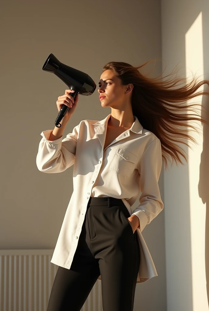 Woman holding hairdryer blowing her hair