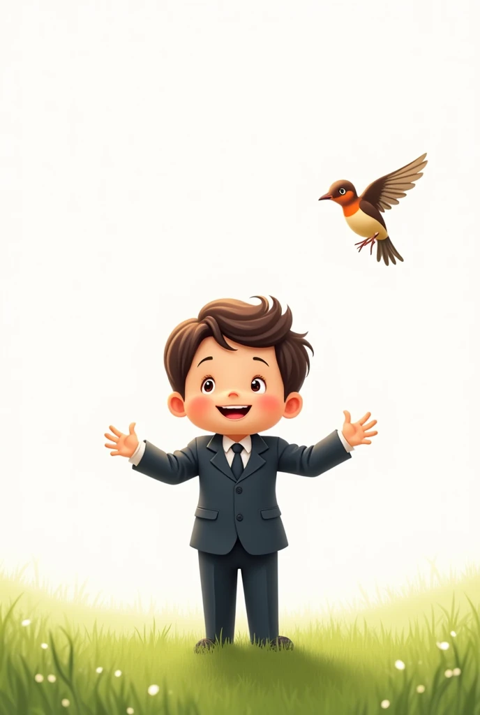 white background,best quality,little smart boy,wearing smart suit,standing on grass,raising his hands to the little bird,cute beautiful little bird flying,cute boy smiling