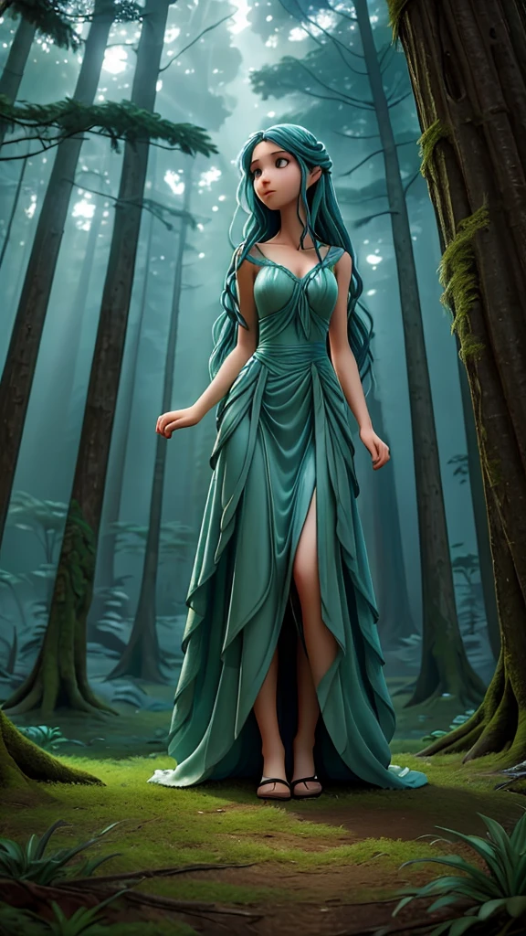 A young woman in a flowing, ethereal dress steps into a dense, ancient forest. The tall trees around her appear alive, their twisted branches leaning in as if whispering secrets. The atmosphere is mystical, with a faint, otherworldly glow.