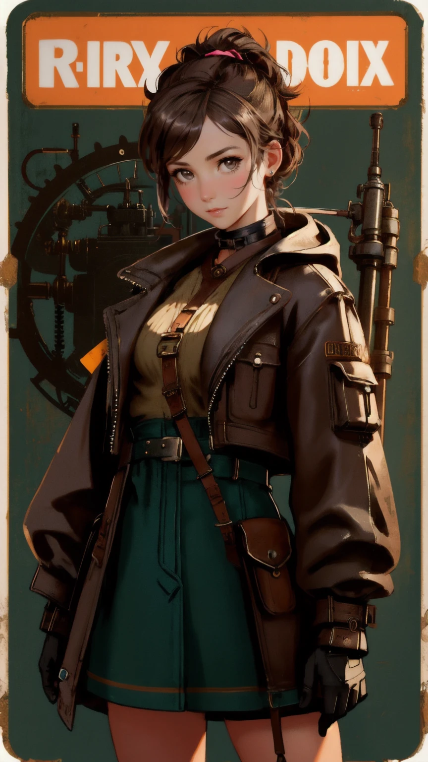 Depict a beautiful, cute girl in a steampunk-style mechanic outfit, fixing a pipe with duct tape labeled 'Permanent Temporary Fix.' She should have a focused, determined expression while working on the repair. The background must remain brown, featuring industrial elements like exposed pipes and tools, maintaining the overall theme and atmosphere of the original scene.