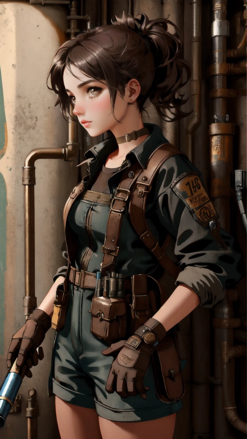Depict a beautiful, cute girl in a steampunk-style mechanic outfit, fixing a pipe with duct tape labeled 'Permanent Temporary Fix.' She should have a focused, determined expression while working on the repair. The background must remain brown, featuring industrial elements like exposed pipes and tools, maintaining the overall theme and atmosphere of the original scene.