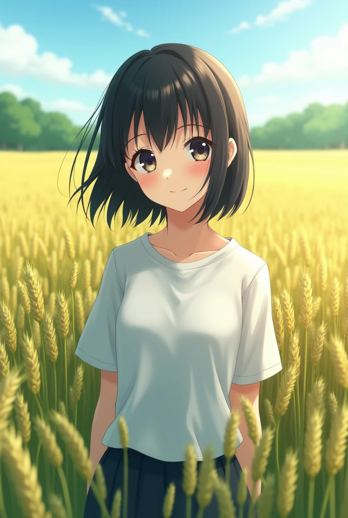 Japanese high school students,A girl,Wearing a white school uniform top,Green wheat fields,Reality,Realistic Photography