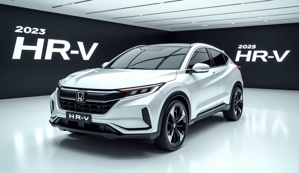 A stunning, futuristic  (2025 Honda HR-V) takes center stage in a luxury white showroom. The vibrant (white) exterior gleams, drawing attention to its sleek, aerodynamic design and bold accents. The (.2025 Honda HR-V  ) " is prominently displayed in large, metallic letters on the car, set against a dark wall. The (  front side) view showcases the cutting-edge innovation and technology of its time, inviting potential buyers to experience the future of automotive design and performance. This awe-inspiring image promises an unparalleled driving experience