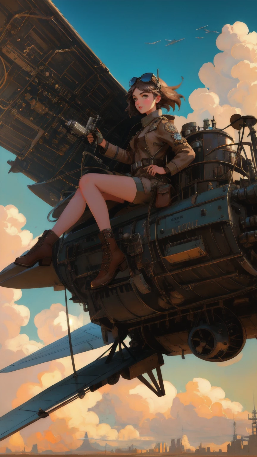 Illustrate a beautiful, cute girl in a vintage aviator outfit, piloting an old-fashioned aircraft. The aircraft is patched up with duct tape labeled 'Permanent Temporary Fix.' She should have a confident, adventurous expression as she flies through a sky filled with mechanical contraptions. The background must remain brown, reflecting the steampunk theme with industrial elements and clouds of steam.