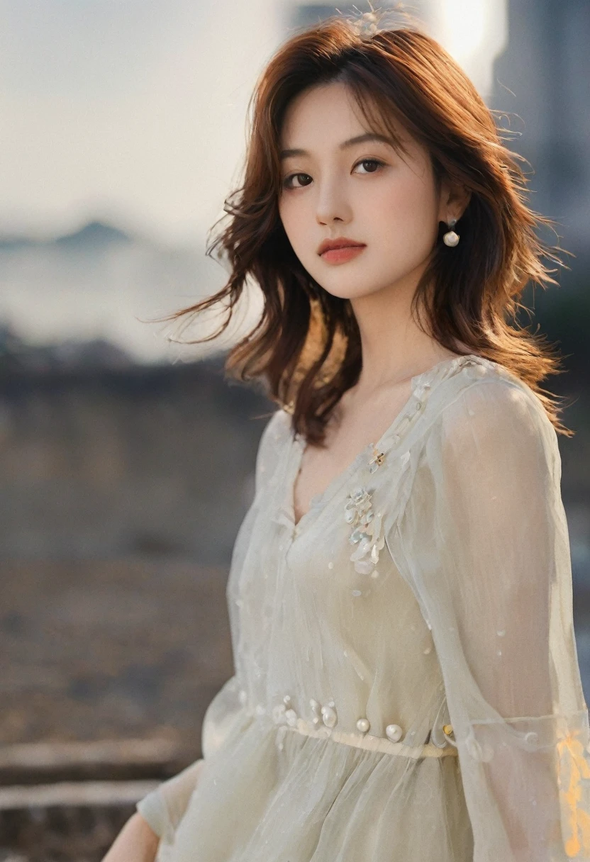(masterpiece、Highest quality、Absurd、HD、High fidelity、vivid 、high resolution, High definition,High Resolution, RAW quality), (One Japanese woman, 20th Generation), (A dreamy face, Incredibly beautiful and elegant、beautiful, cute), ((Chestnut Hair:1.5), Shiny hair quality, Wavy semi-long hair, ), (Brown eyes), (D size chest, valley), (Perfect proportions, Curvaceous, Sexy pose), BREAK ((V-neck dress、mini skirt、胸のvalley, ))、(( The wind is blowing, , )), ( 、 、), 、Summer sunshine、