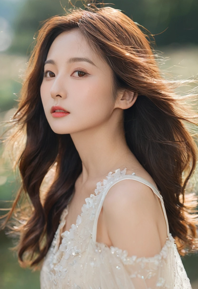 (masterpiece、Highest quality、Absurd、HD、High fidelity、vivid 、high resolution, High definition,High Resolution, RAW quality), (One Japanese woman, 20th Generation), (A dreamy face, Incredibly beautiful and elegant、beautiful, cute), ((Chestnut Hair:1.5), Shiny hair quality, Wavy semi-long hair, ), (Brown eyes), (D size chest, valley), (Perfect proportions, Curvaceous, Sexy pose), BREAK ((V-neck dress、mini skirt、胸のvalley, ))、(( The wind is blowing, , )), ( 、 、), 、Summer sunshine、