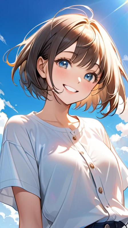 Ultra-realism"Cheerful young woman with short bob haircut, fair skin, and bright smile under a clear blue sky. She's wearing boyish clothes like a loose-fitting t-shirt or button-up shirt. Her expression is lively and cute, with sparkling eyes and a genuine grin. The background shows a sunny day with a few fluffy white clouds, creating a warm and positive atmosphere."