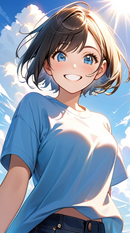 Ultra-realism"Cheerful young woman with short bob haircut, fair skin, and bright smile under a clear blue sky. She's wearing boyish clothes like a loose-fitting t-shirt or button-up shirt. Her expression is lively and cute, with sparkling eyes and a genuine grin. The background shows a sunny day with a few fluffy white clouds, creating a warm and positive atmosphere."