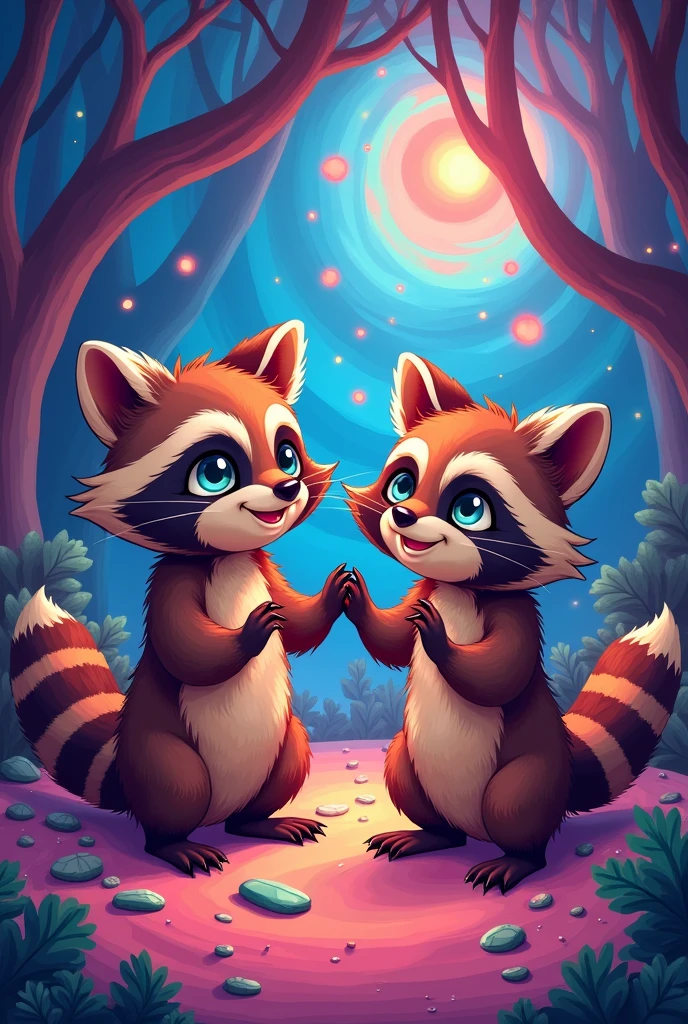 SOME HAPPY LSD CARTOON STYLE RACOONS ONE IS MALE AND THE OTHER FEMALE