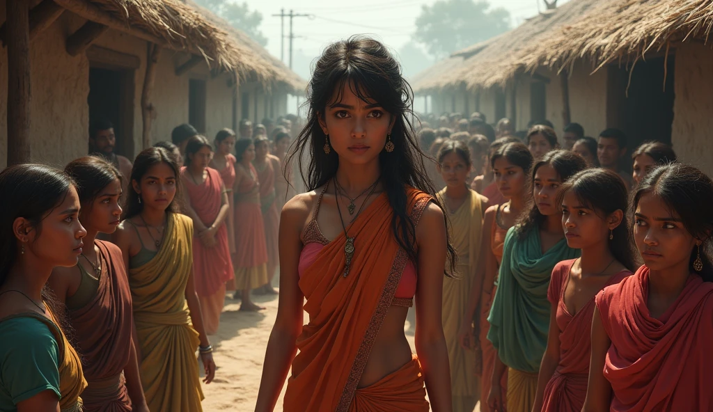 "A young woman, Neha, with a determined look on her face, standing in a small village square. Villagers around her are whispering and looking fearful, but Neha looks resolute and curious."