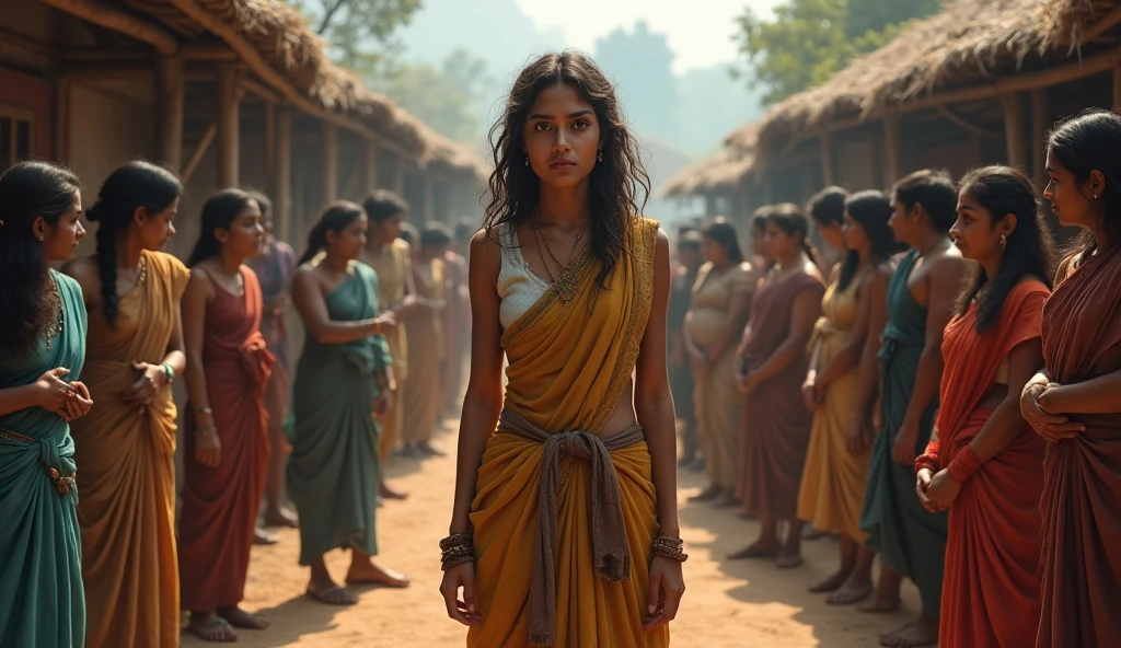 "A young woman, Neha, with a determined look on her face, standing in a small village square. Villagers around her are whispering and looking fearful, but Neha looks resolute and curious."