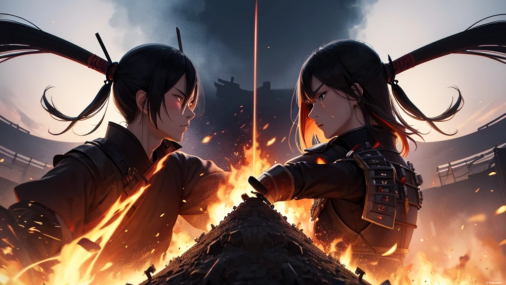 Create The final battle between samurai, colorfully, Facing each other face to face, unsheathing their katanas, In the background you can see the burned village, and a battle where the one who dies will be the winner both are men, and they are in attack position,
