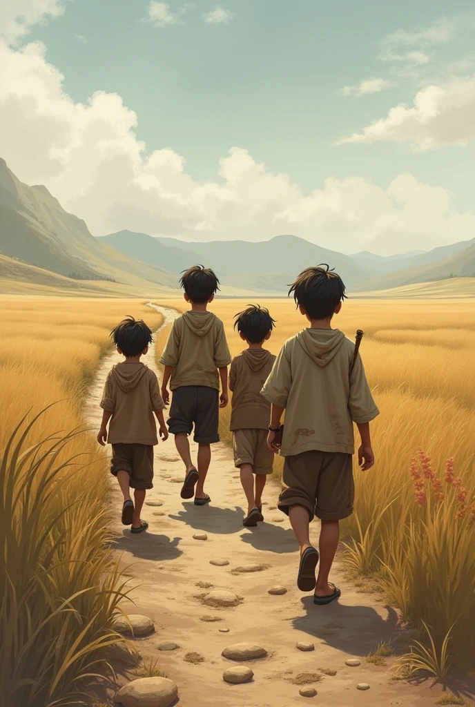 Three boys from a small village are being led through a raw path in the fields