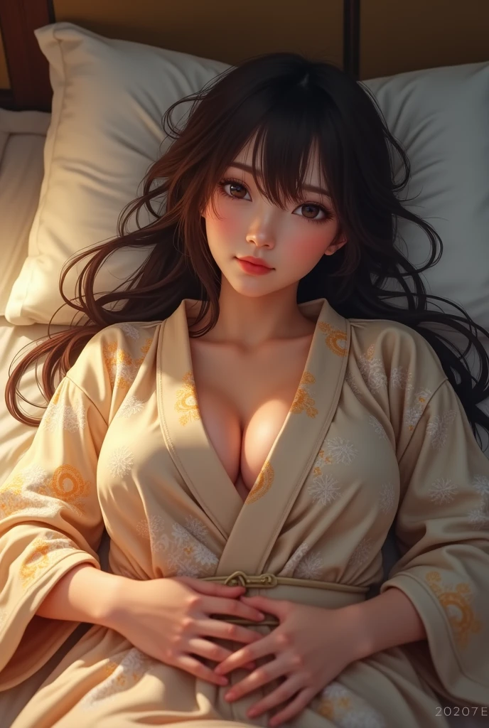 ((Full body portrait))、 A cute face like an idol、Gentle and cute、(((Japanese Yukata)))、(night)、(((Japanese-style room futon in a Japanese inn)))、(((Lying down and fast asleep)))、((Cleavage、I can see your thighs))、RAW Photos、Genuine、High resolution