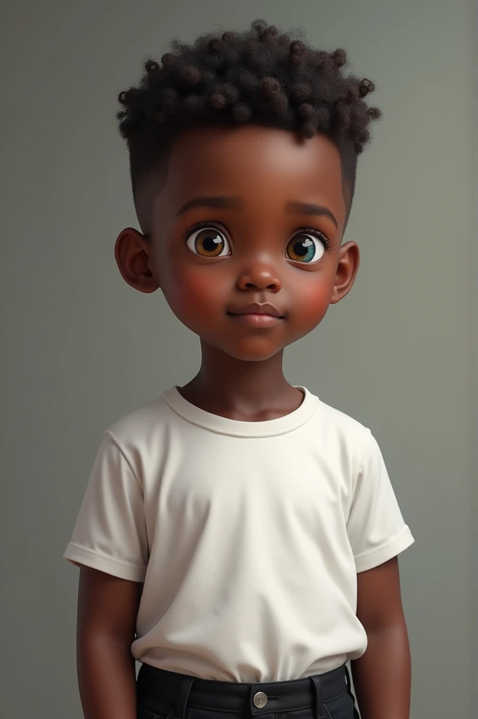 8 year old black boy Realistic boy Slightly short hair with a bit of curls Eyes of different colors brown and blue Wearing a white short-sleeved shirt with black pants Realistic