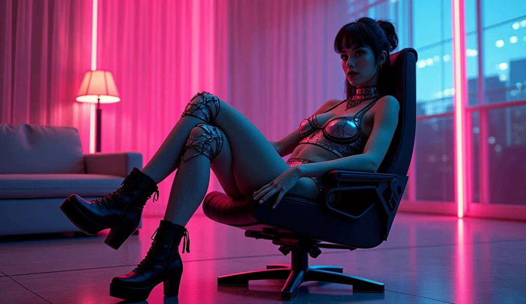 sitting on a chair in a cyberpunk room in a very sexy futuristic outfit with her legs crossed(masterpiece:1.2),(Highest quality),(Super detailed),(Ultra-high resolution),(Best illustrations),8k,wallpaper,Beautiful female cyborg,whole body,psychedelic,Vector art,Layered textures,progressive,pop,sf,cyber punk,Super sexy:2.0 cyberpunk girl seductive pose leds light and shadow, ultra-realistic, 16K. 3D style, , Octane render, ray tracing, depth of field, super detail
