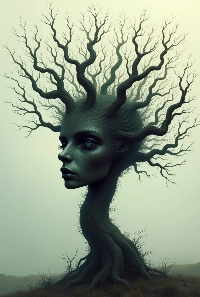 Abstract tree with a lonely face using branches that make it have double meaning