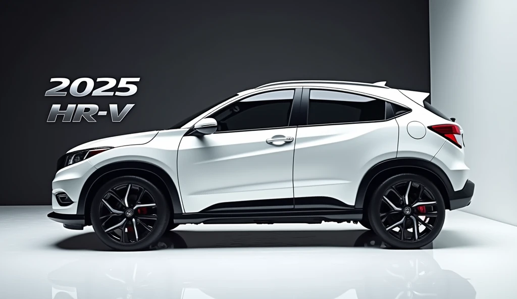 A stunning, futuristic  (2025 Honda HR-V) takes center stage in a luxury white showroom. The vibrant (white) exterior gleams, drawing attention to its sleek, aerodynamic design and bold accents. The (.2025 Honda HR-V  ) " is prominently displayed in large, metallic letters on the car, set against a dark wall. The (   side) view showcases the cutting-edge innovation and technology of its time, inviting potential buyers to experience the future of automotive design and performance. This awe-inspiring image promises an unparalleled driving experience